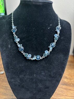Blue Crystal Station Necklace in Silver-Tone